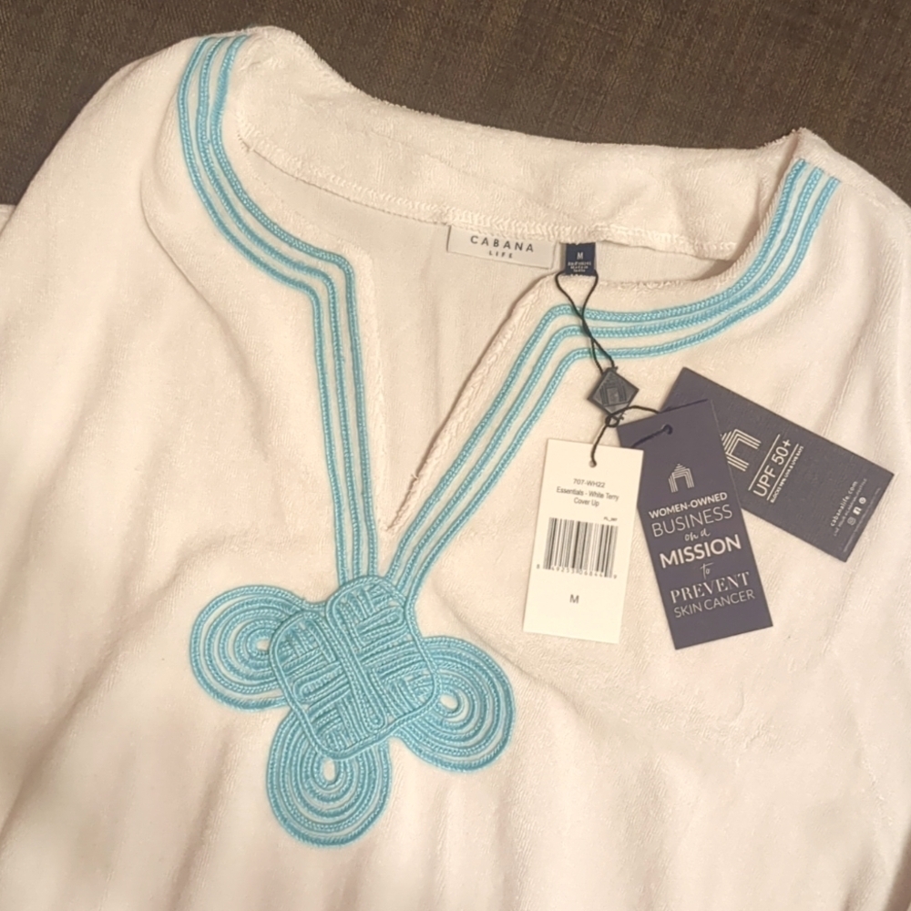CABANA LIFE White/Mint Terry-Cover Up-Size M Essential-Short Sleeve UPF 50+ - Picture 6 of 8